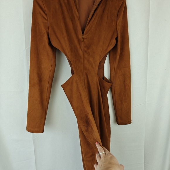 House Of CB London Brown Suede Midi Dress High Neck Cutout Slit Size Small - Picture 10 of 16